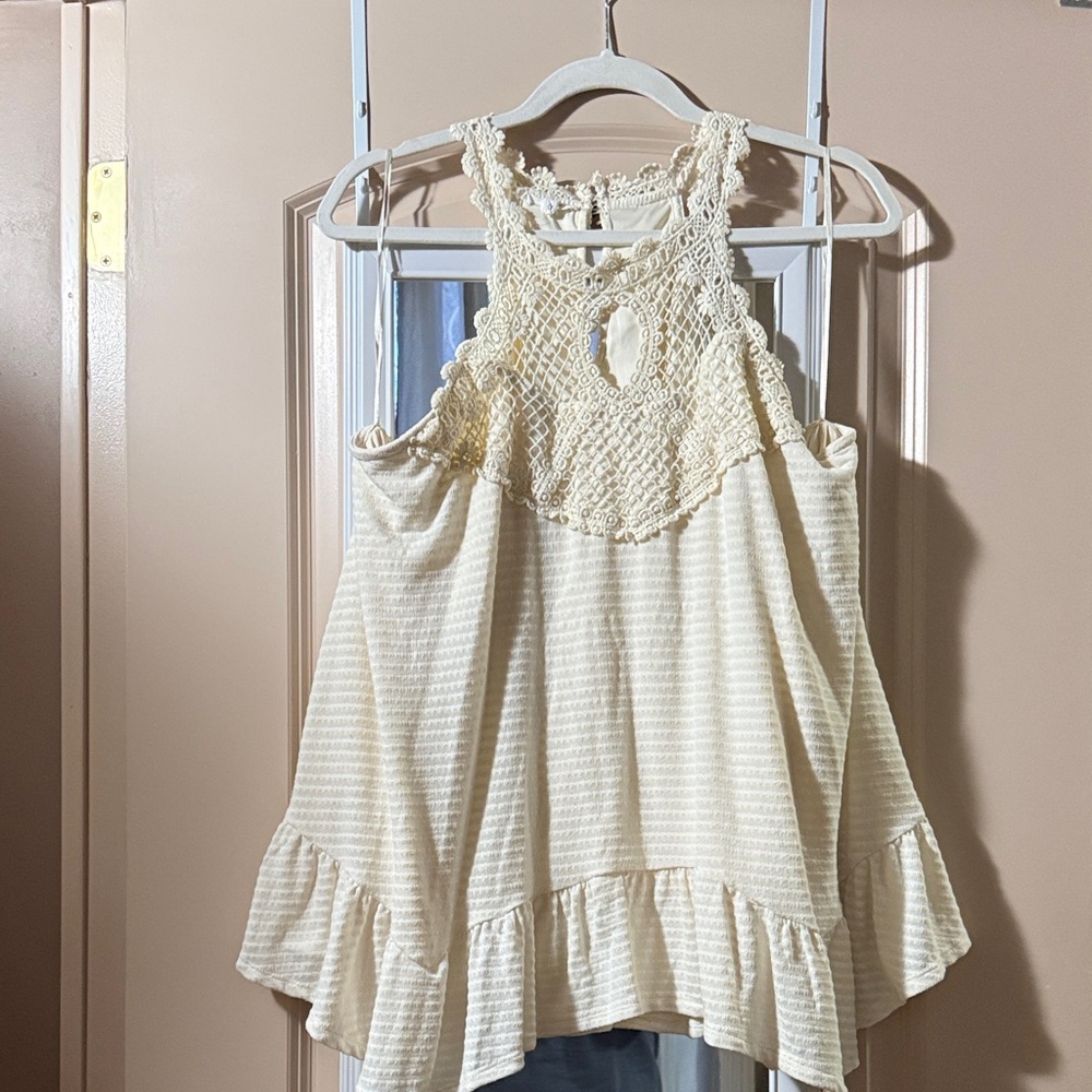 Maurices Cream Crochet Halter Ruffle Tank